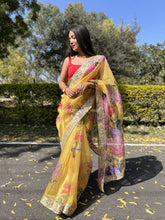 Heavy Lace Work Canary Yellow Organza Special Saree